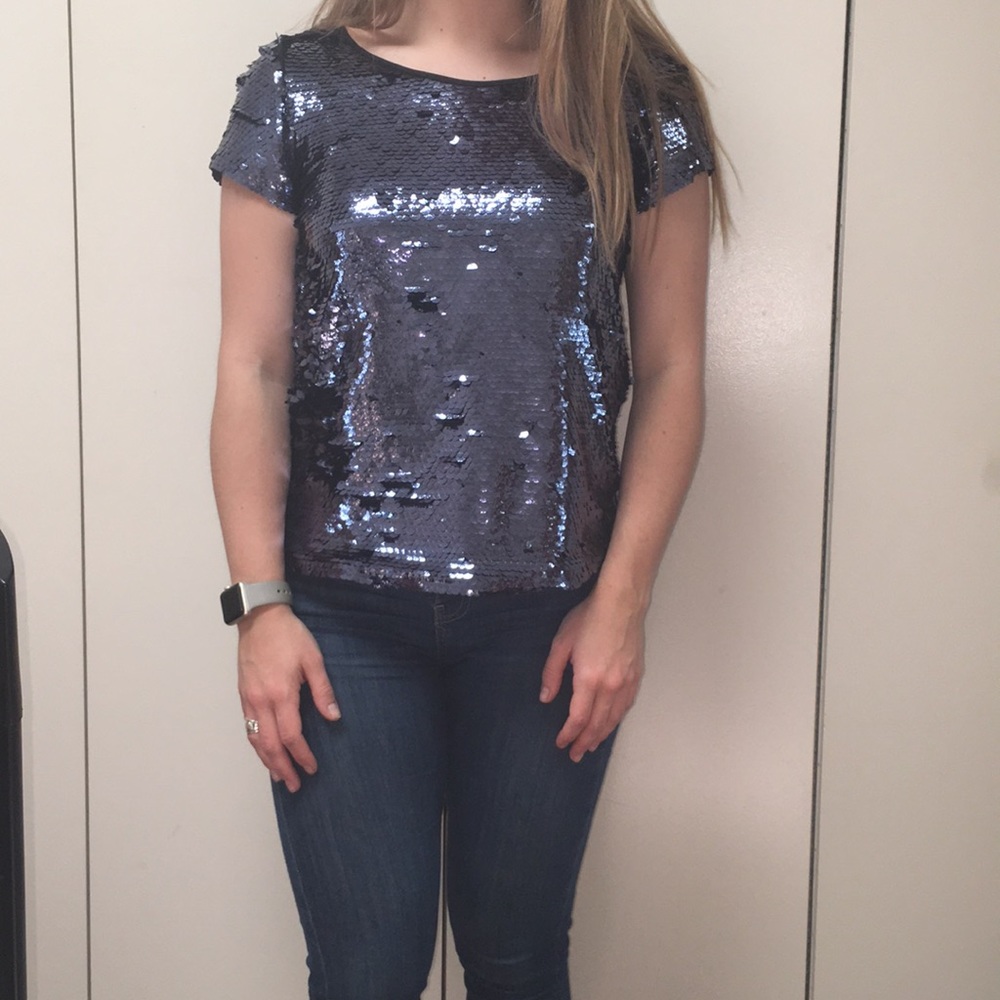 Navy sequin Anthropologie party shirt